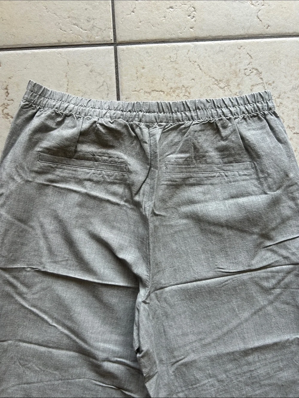 H&M Womens Linen-Blend Elastic Waist Pants — Light Gray